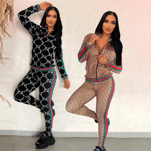 Autumn Winter Casual Trendy Brand Zipper Printed Jacket Lonng Pant 2 Pieces