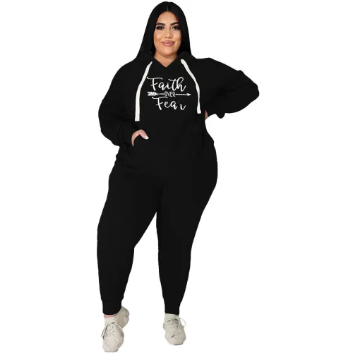 Plus Size Black Printed Letter Sweatshirt Two Piece Hooded Women's Set with Pockets
