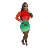 Autumn Knit Color Contrast Patchwork Long Sleeve Crop Top And Skirt Sets Female Matching Set