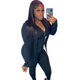 Solid Color Black Pit Zipper Cardigan Hoodie Blouse Trousers Set For Winter Women