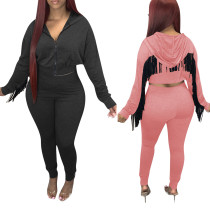 Solid Color Zipper Hooded Track Pants Set with Fringed