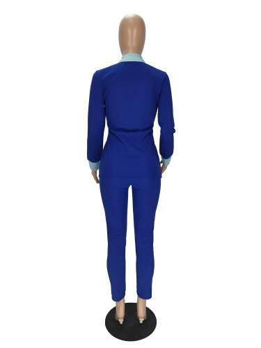 Solid Color Turndown Collar Colorblock Long Sleeve Pant Set