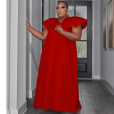 Solid Color Plus Size Woven Ruffled Sleeve V-neck Stitching Party Dress