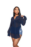 Solid Color Sexy See Through Single-breasted Lapel Slits Chiffon Shirt