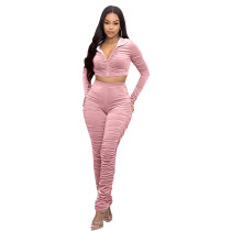 Solid Pink Wrinkles Hooded Zipper Crop Top Stacked Pants 2 Piece Sets