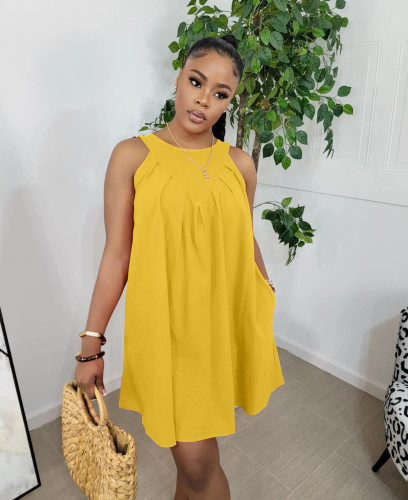 Yellow Solid Color Sleeveless Crew Neck Pleated Cotton Mini Dress with Pocket