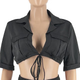 Solid Color Clothes Short Sleeve Crop Skirt Set Tooling Style