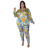 Casual Printed Turndown Neck Long Sleeve Shirt Trousers Homewear Casual Set