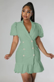 Women's V Neck Dress Cute Puff Sleeve Button Down Casual A-Line Ruffle Swing Short Mini Dresses