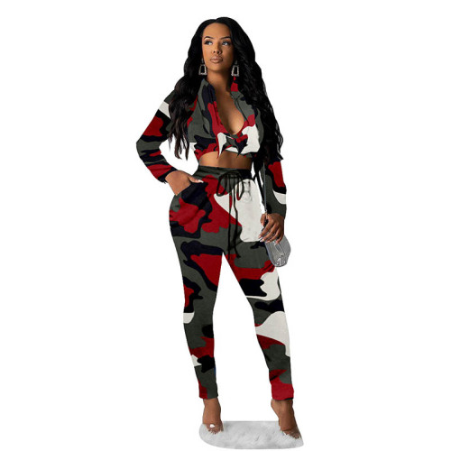 Casual Long Sleeve Camouflage Two Piece Set