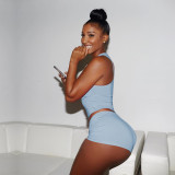 Summer Light Blue Knitting Printed Breathable Vest Short Two-Piece Set