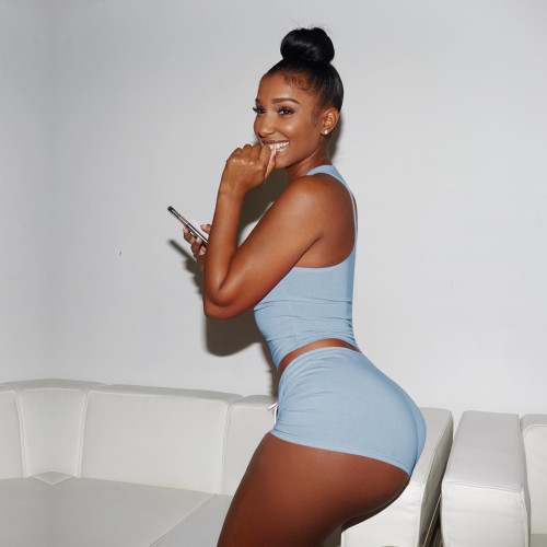 Summer Light Blue Knitting Printed Breathable Vest Short Two-Piece Set