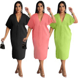 Pink Casual Loose Solid Pleated V Neck Midi Dress