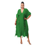 Solid Color Manual Knitted Sheer Fringed Dress