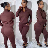 Casual High Neck Long Sleeve Zippered Solid Color Sweatshirt 2 Pieces with Pockets