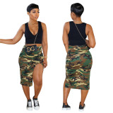 Women's Zipper Camouflage Slit Skirts with Pocket