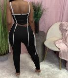 Solid Color Contrasting Ribbon Tassel Zipper Straps Tops & Long Pants