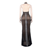 Hot Drilling Sleeveless Halter Perspective Maxi Dress