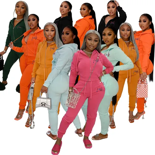 Solid Color Pink Embroidered Letter Sports Hoodie Pants Set