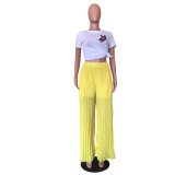 Yellow Casual Solid Pleated Mid Waist Wide Leg Pants
