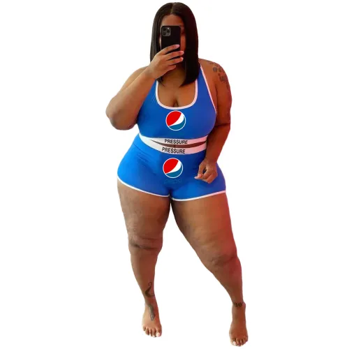 Blue Plus Size Fashion Printed Letter Sports Two Piece Vest Shorts Set