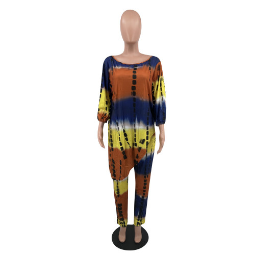 Plus Size Irregular Tie Dye Oblique Shoulder Pants Set