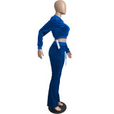 Autumn Winter Royal Blue Velvet Sports Sweatshirt Crop Top and Trousers