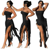 Solid Color Slits Strapless Fungus Long Skirt Stitching Bandeau Dresses