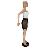 Sexy Solid Patchwork See-through Asymmetrical U Neck Tank Top Two Pieces Skirt Set