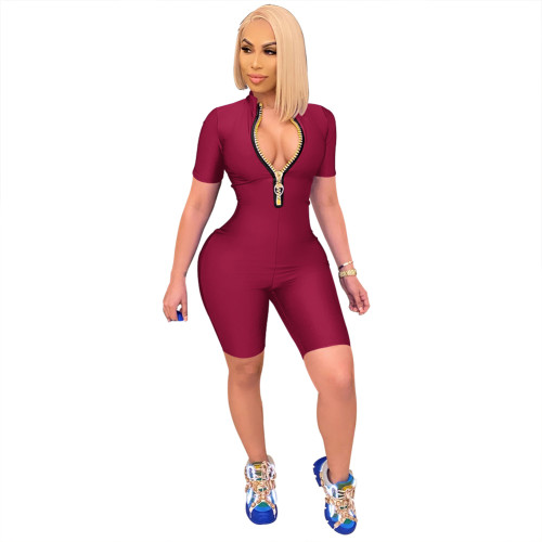Solid Color High Neck Zipper Romper