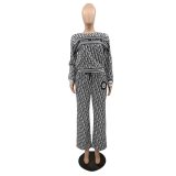 Casual Thread Printed Long Sleeve Tops Wide Leg Pants Two Piece Set