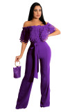 Women Slim Ruffle Off Shoulder Short Sleeve Solid Long Pants Jumpsuit with Belt
