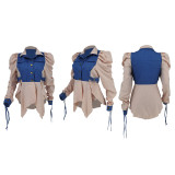 Double Collar Adjustable Tie Puff Long Sleeve Ruffle Denim Jacket
