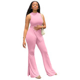 Solid Color Autumn Women's Sleeveless Irregular Top Slit Flared Pants Two Pieces