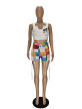 Casual Double Cross Print Collar Sleeveless Gathering Crop Top & Short Two Piece