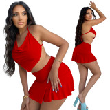 Red Sexy Halter Backless Pleated Two Piece Skirt Set