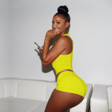 Summer Yellow Knitting Printed Breathable Vest Short Two-Piece Set