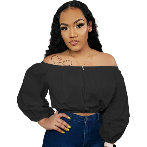 Solid Color Lace Sleeve Off Shoulder Top