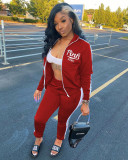 Solid Color Offset Printed Letter Zipper Sports Two Piece Pant Set