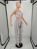 Casual Stringy Selvedge Striped Straps Crop Top and Trousers with Belt