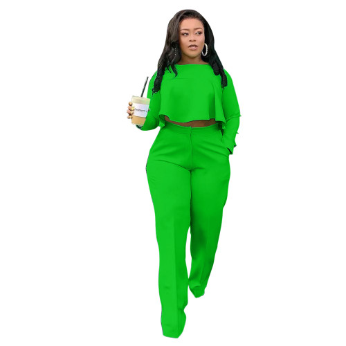 Autumn Solid Green High-Low Top & Pants Set