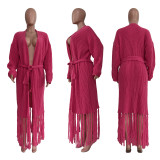 Tassel Trim Open Front Chunky Knit Longline Cardigan