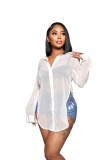 Solid Color Sexy See Through Single-breasted Lapel Slits Chiffon Shirt