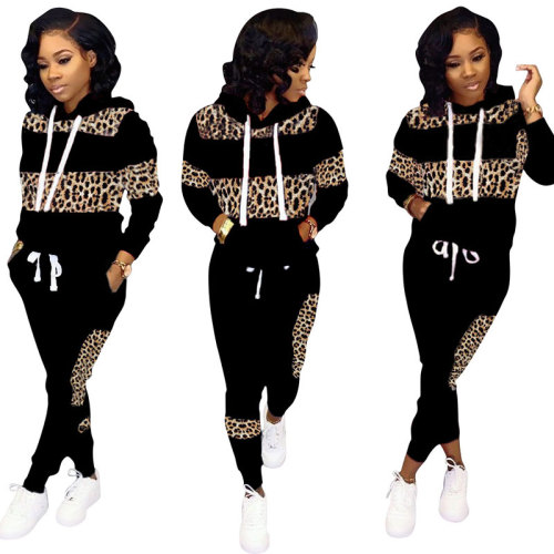 Casual Leopard Stitching Hooded Sports Two Piece Set