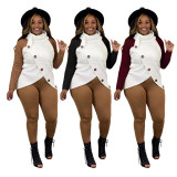 Patchwork Hem Pullover Turtle Button Asymmetric Cowl Neck Full Sleeve Long Sleeve Wrap Sweater