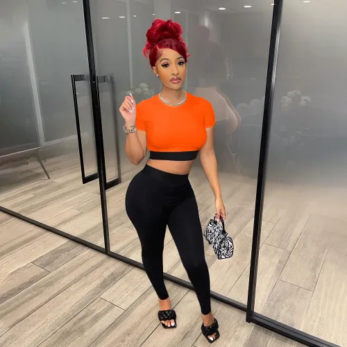 Fashion Color Matching Short Sleeve Crop Top Two Piece Pant Set