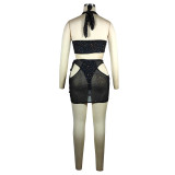 Sexy Black Patchwork Hollowed Out See-through Backless Sleeveless Three Piece Set