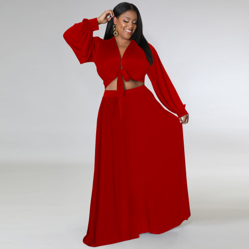 Red Plus Size Loose Long Sleeve Swing Skirt Set