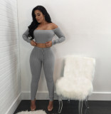 Women Fashion Thread Off Shoulder Crop Top 2 Piece Set Casual Bodycon Casual Outfit Sportswear
