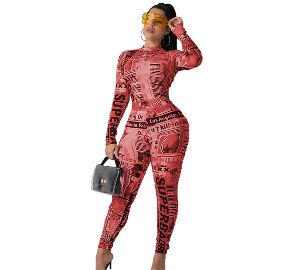 Concealed Zipper Print Newspaper Jumpsuit